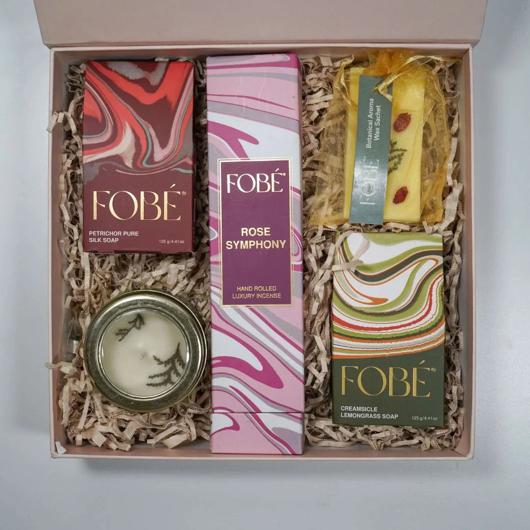 Fobé Serenity Box –  Includes 2 luxury soaps, 1 aromatic candle, 1 fragrant wax sachet, and 1 premium hand-rolled incense